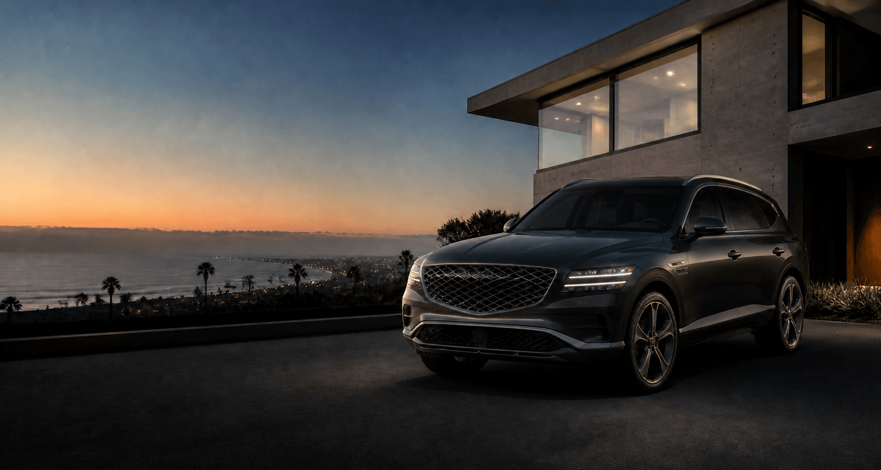 Editorial image of a dark luxury SUV overlooking the Southern California coast