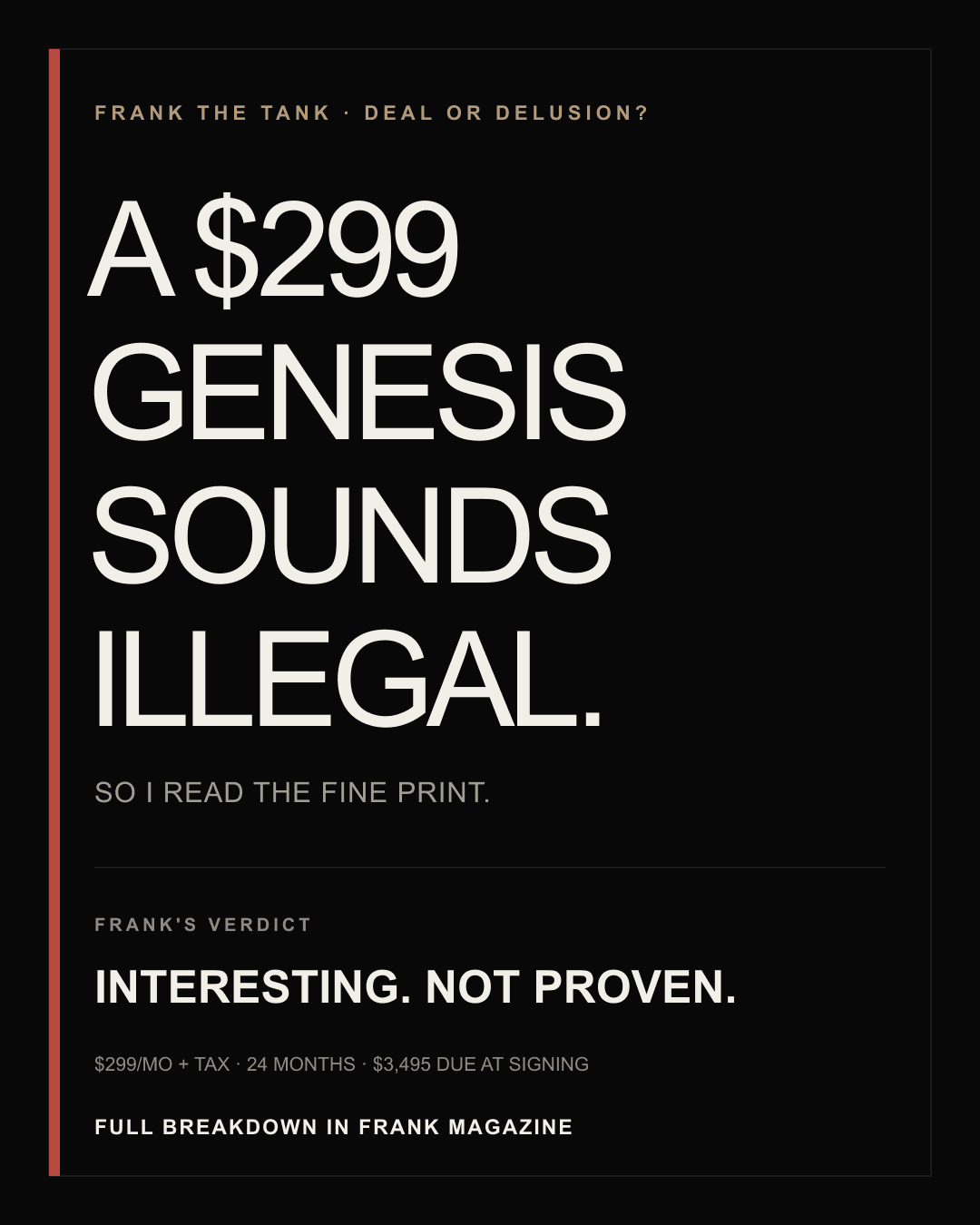 Deal or Delusion social card asking whether an advertised 299 dollar Genesis payment is the complete deal